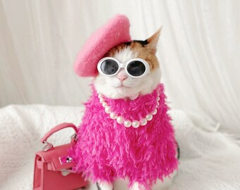 Hot pink fur dress barbie for Pet Cat Dog costume hat necklace sunglasses Halloween Christmas Birthday gift Photoshoot tiktok Miyopet