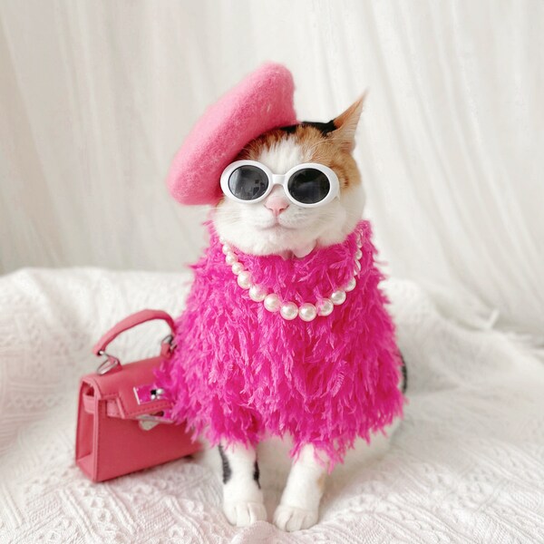 Hot pink fur dress barbie for Pet Cat Dog costume hat necklace sunglasses Halloween Christmas Birthday gift Photoshoot tiktok Miyopet