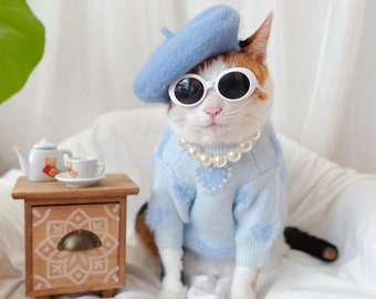 Blue Heart knit sweater Pet Cat Dog winter outfit coat costume hat necklace glasses Christmas Birthday gift Photo shoot tiktok Miyopet