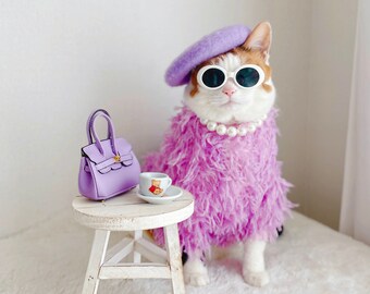 Purple Violet Fake Fur dress for Pet Cat Dog costume hat necklace bag sunglasses Christmas Birthday gift Photoshoot tiktok Miyopet