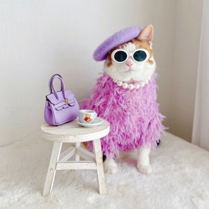 Purple Violet Fake Fur dress for Pet Cat Dog costume hat necklace bag sunglasses Christmas Birthday gift Photoshoot tiktok Miyopet