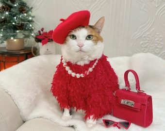Red Fur dress for Pet Cat Dog costume hat necklace bag sunglasses Christmas Birthday gift Photoshoot tiktok Miyopet