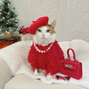 Red Fur dress for Pet Cat Dog costume hat necklace bag sunglasses Christmas Birthday gift Photoshoot tiktok Miyopet