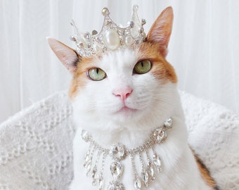 Cat Dog Silver Pearl Queen Princess Tiara Crown crystal Necklace Hat wedding halloween costume Christmas Birthday gifts for Pet Tiktok