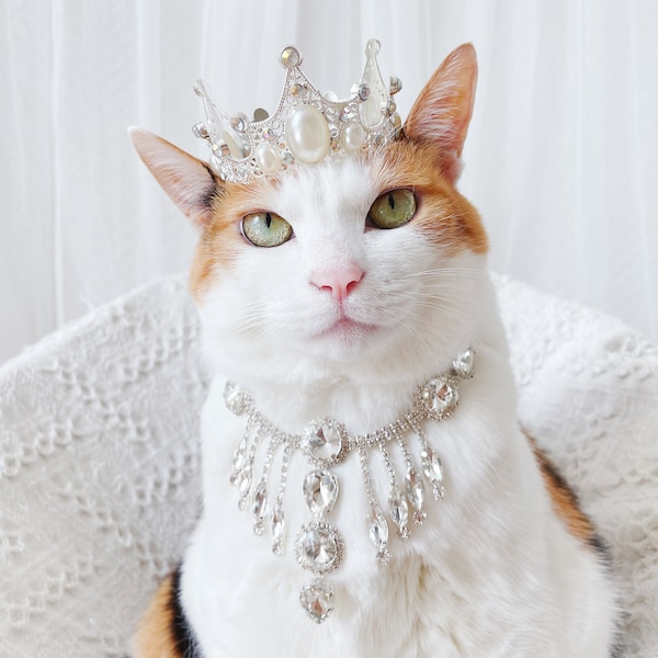 Cat Dog Silver Pearl Queen Princess Tiara Crown crystal Necklace Hat wedding halloween costume Christmas Birthday gifts for Pet Tiktok