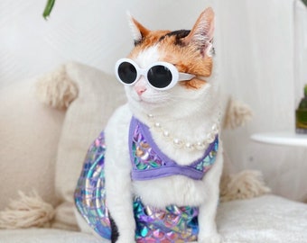 Mermaid Swimsuit Bikini Summer dress Pearl Necklace sunglasses clothes Cat Dog outfit halloween costume funny pet gift tiktok Miyopet