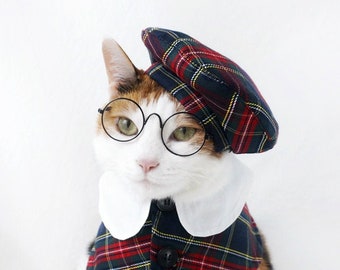 Royal family Check tweed pattern Sherlock Holmes Cape beret hat for Cat Dog Pet headband Crown cloth Hallowen Costume Christmas gift miyopet