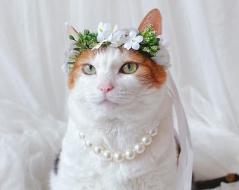 Couronne de fleurs blanches pour chat chien bébé animal de compagnie bandeau costume d'halloween chapeau mariage mariée collier pour animaux de compagnie arcs cadeau Miyopet