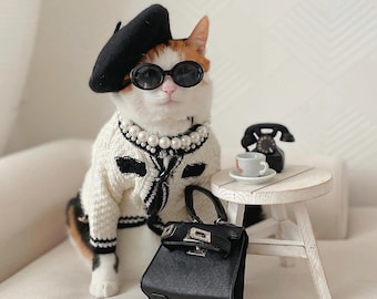 White Pearl knit sweater for Pet Cat Dog winter coat costume hat necklace sunglasses Christmas Birthday gift Photoshoot tiktok Miyopet