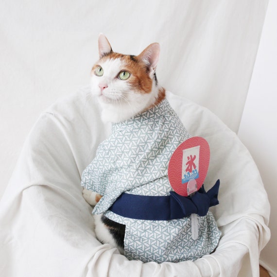 Cat Dog Japanese Blue Kimono Yukata With Hand Fan Dress Etsy