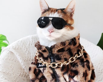 Leopard Print Coat Pet Cat Dog Cloths boss gangster costume necklace sunglasses Halloween gift Photoshoot tiktok Miyope