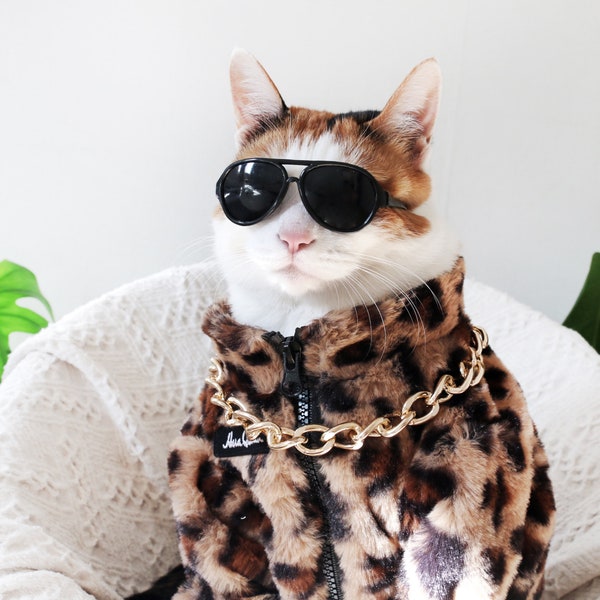 Leopard Print Coat Pet Cat Dog Cloths boss gangster costume necklace sunglasses Halloween gift Photoshoot tiktok Miyope