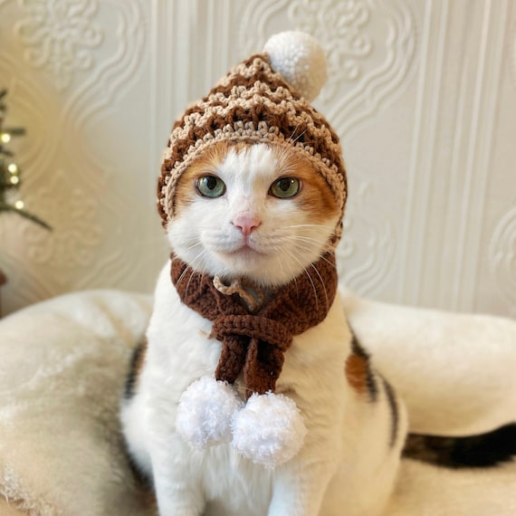 帽子 andwang Fluffy cat knit hat Knitted Pet Hat and Scarf Set: Zigzag Choco Winter Outfit - Etsy