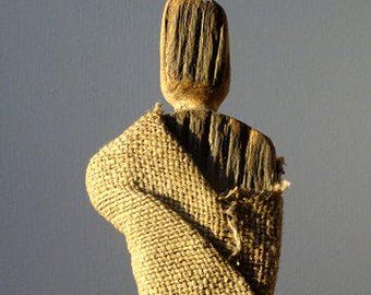 große Holzfigur, Holzskulptur, Kunst Holzfigur, Figur aus Holz / Jute / Metall, Holzkunst