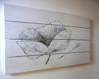 Bild aus Holz / Wandbild / Holzbild mit Mohnblume / Hand gezeichnet