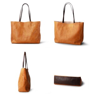 May include: A brown leather tote bag with brown leather handles. The bag is shown from multiple angles.