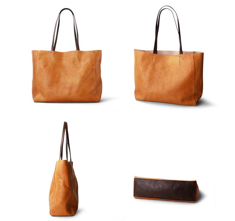 May include: A brown leather tote bag with brown leather handles. The bag is shown from multiple angles.