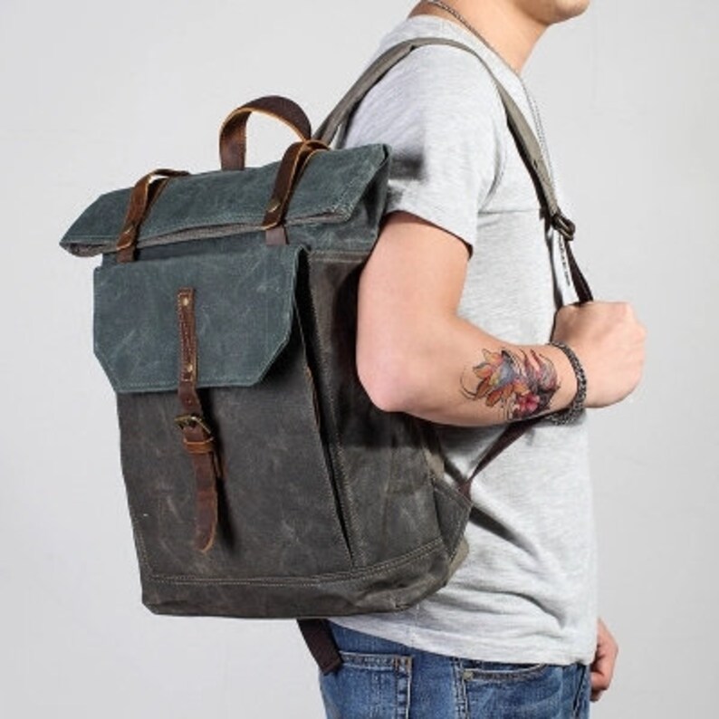 Roll Top Waxed Canvas Backpack Handmade 14 Laptop Etsy