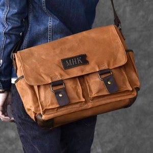 Handgemaakte koerierstas van gewaxt canvas, 14-inch laptoptas, gepersonaliseerd Vaderdagcadeau, crossbodytas, schoudertas, waterdichte aktetas, herencadeau Yellow