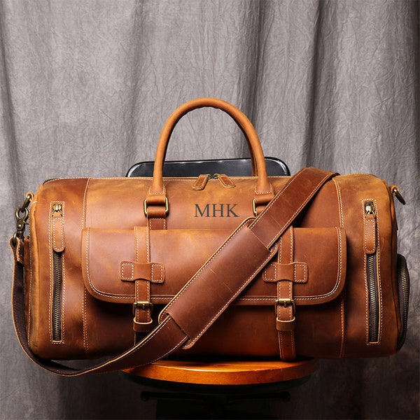 Personalized Mens Travel Bag, Full Grain Leather Duffel Bag, Monogrammed Duffle Bag, Weekend Luggage Bag,Unique Christmas Gifts,Carry-on Bag