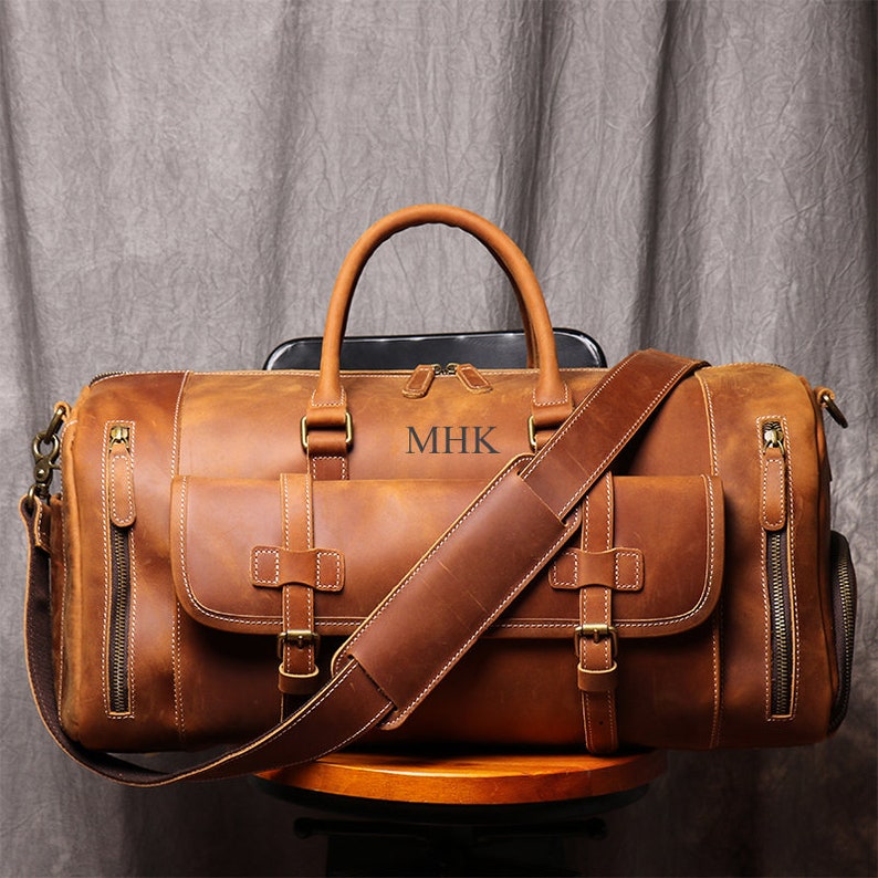 Personalized Mens Travel Bag Full Grain Leather Duffel Bag image 1