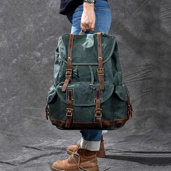 Waxed Canvas Backpack, Handmade Rucksack, School Backpack, Mens Laptop Backpack, Large Travel Backpack, Christmas Gifts, Dad Birthday Gifts