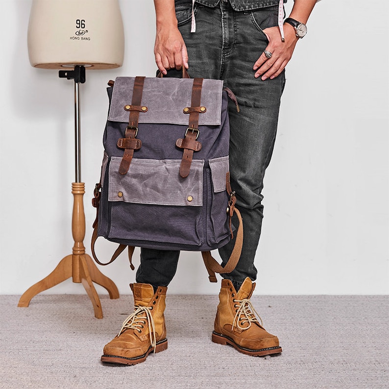 Waxed Canvas Travel Backpack Canvas Leather Hiking Rucksack - Etsy