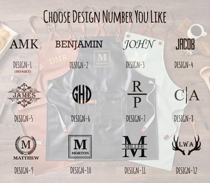 May include: Twelve different apron designs featuring various monogram styles and text. The designs include initials, names, and a deer antler graphic. The text on the aprons includes "AMK", "BENJAMIN", "JOHN", "JACOB", "JAMES", "GHD", "R/P", "CIA", "MATTHEW", "MORTON", "MILLER", and "LWA".