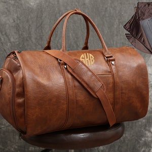 Personalized Carry on Garment Bags, Men's Flight Duffle Bag, PU Leather Mens Suit Travel Bag with Shoe Compartment, Hanging On Overnight Bag