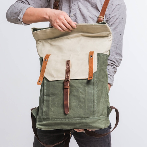 Unisex Waxed Canvas Backpack, Laptop Backpack, Roll Top School Backpack, Vintage Travel Bag, Housewarming Gift, Groomsman Gift, Student Gift