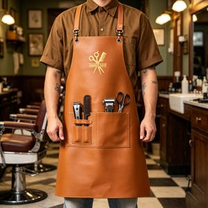 Può includere: Un grembiule da barbiere in pelle color cuoio con un logo dorato raffigurante forbici e un pettine con la scritta ZAKREM YLIO. Il grembiule presenta due tasche frontali contenenti un tagliacapelli, un pettine nero, un secondo tagliacapelli e forbici.