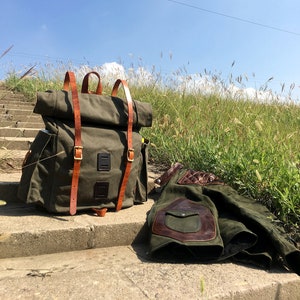 Waxed Canvas Backpack, Handmade Travel Backpack, Hiking Rucksack, Rolltop Laptop Backpack, Everyday Backpack, Personalized Bag, Gift For Him