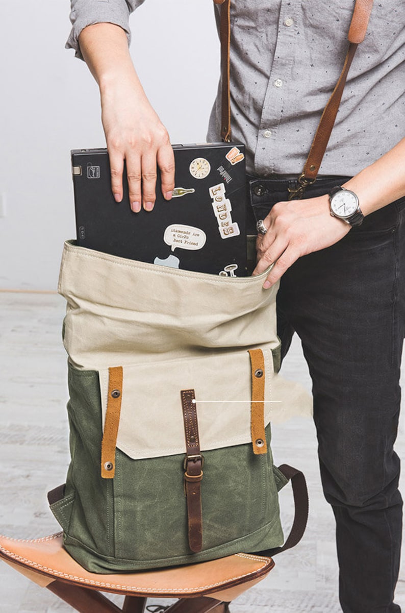 Unisex Waxed Canvas Backpack Laptop Backpack Roll Top School Etsy
