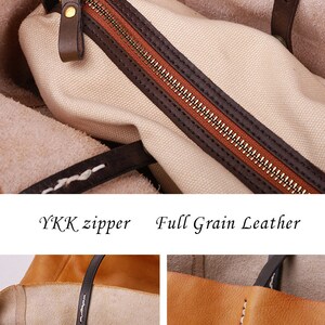 May include: Close-up of a brown leather tote bag with a zipped pocket and the text "YKK zipper" and "Full Grain Leather".