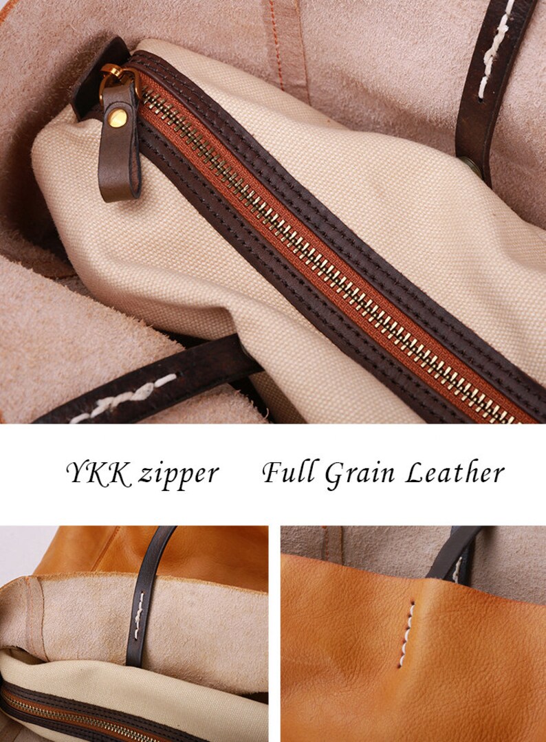 May include: Close-up of a brown leather tote bag with a zipped pocket and the text "YKK zipper" and "Full Grain Leather".