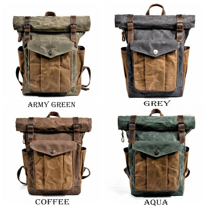 Waxed Canvas Backpack Roll Top Backpack Handmade Laptop Etsy
