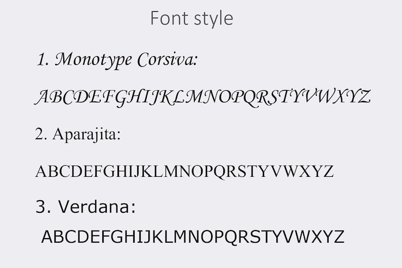 May include: A visual comparison of three different font styles: Monotype Corsiva, Aparajita, and Verdana. The alphabet is displayed in each font style.
