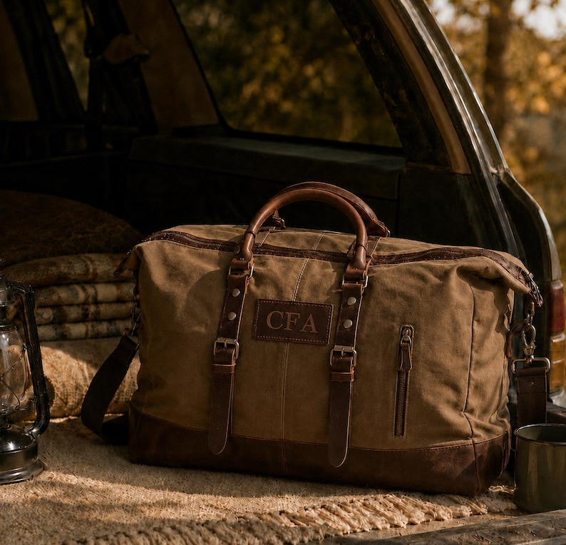 May include: A brown canvas duffel bag with dark brown leather trim, two top handles, and adjustable leather straps with metal buckles. A rectangular leather patch on the front is embossed with the letters CFA. It features a side zipper pocket.