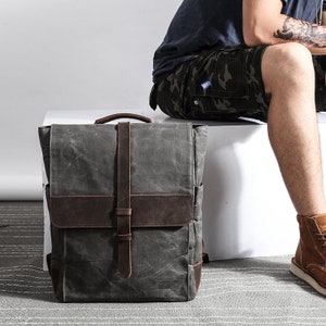 Waxed Canvas Backpack Men, Diaper Backpack, Mens Laptop Backpack, Leather Canvas Rucksack, Travel Trip Bag,School Bag, Perfect for Traveling
