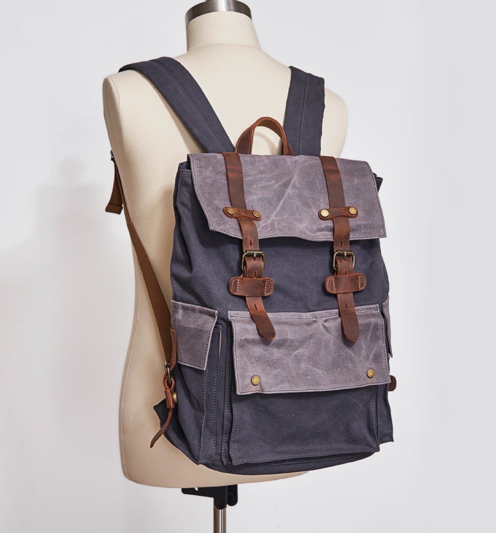 Waxed Canvas Travel Backpack Canvas Leather Hiking Rucksack Etsy
