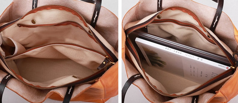 May include: Inside view of a brown leather tote bag with a beige fabric lining. The bag has two zipped compartments and a large open space. The bag is shown with a laptop and a book inside.