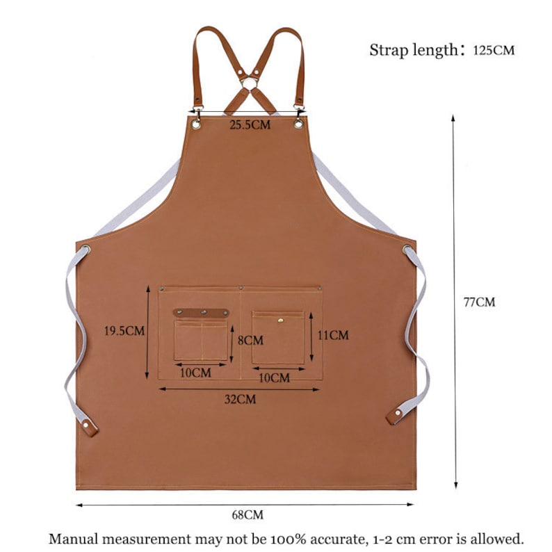 May include: Brown leather apron with adjustable straps and two pockets. The apron measures 68 cm wide, 77 cm tall, and has a strap length of 125 cm.  "Manual measurement may not be 100% accurate, 1-2 cm error is allowed."
