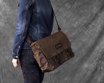 Handmade Waxed Canvas Messenger Bag,14" Laptop Bag,Personalized Father's Day Gift,Crossbody Bag,Shoulder Bag,Waterproof Briefcase,Men's Gift