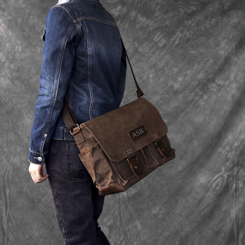 Handgemaakte koerierstas van gewaxt canvas, 14-inch laptoptas, gepersonaliseerd Vaderdagcadeau, crossbodytas, schoudertas, waterdichte aktetas, herencadeau Coffee