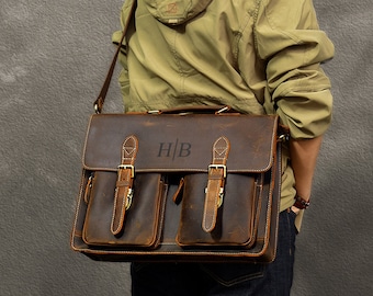 Personalized Leather Briefcase, Gifts for Him, Graduation Gift, Laptop Bag, Crossbody Shoulder Bag, Travel Bag,Father Christmas Gift For Men