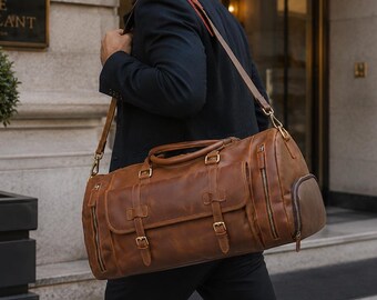 Borsone in pelle con custodia per scarpe, borsa da viaggio fatta a mano, borsa da viaggio, borsa da weekend personalizzata, borsone oversize effetto invecchiato, regali di Natale