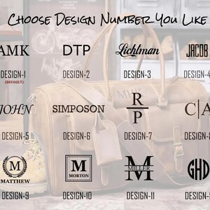 May include: A tan leather duffel bag with two top handles and a shoulder strap, featuring twelve distinct monogram design options labeled Design-1 through Design-12, with the text Choose Design Number You Like at the top of the image.