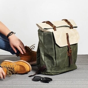 Roll Top Waxed Canvas Backpack, Handmade 14&quot; Laptop Rucksack, Vintage Canvas Large Travel Backpack, Water Resistant, Canvas Hipster Backpack
