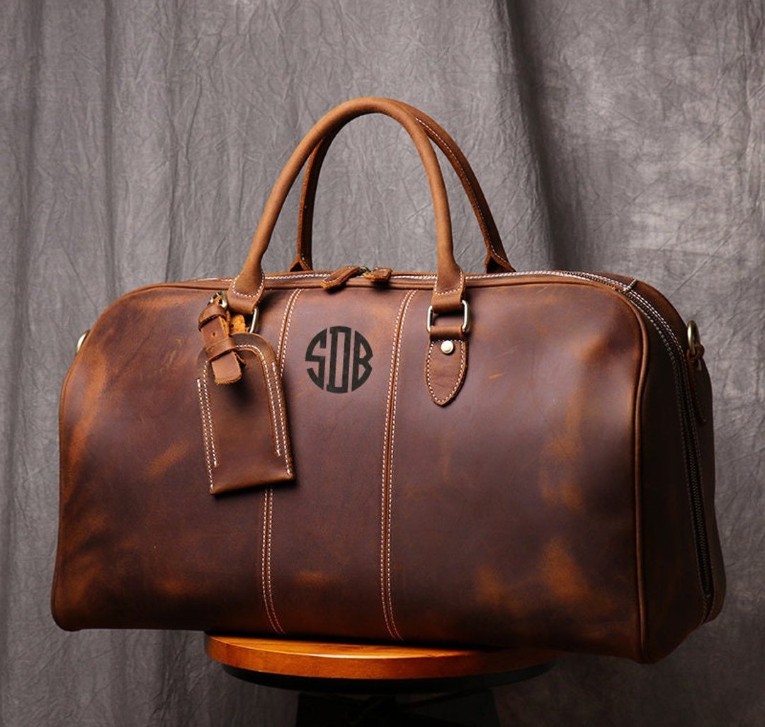 Personalized Leather Groomsmen Duffel Bag, Large Weekender Bag, Carry