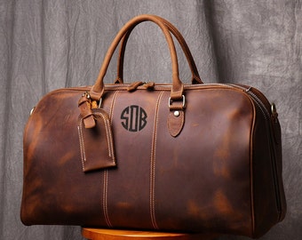 Personalized Leather Groomsmen Duffel Bag, Large Weekender Bag, Carry-on Bag, Overnight Bag, Luggage Bag, Gifts for Men
